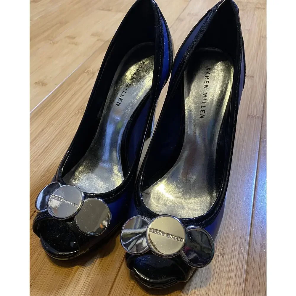 Karen Millen Heels EU Size 37 Blue Black Patent Leather Platform Peep Toe Heels
